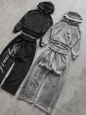 Distressed Cropped Zip Hoodie Se Distressed Cropped Zip Hoodie Set