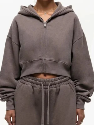 Mocha Oversized Cropped Zip Hoodie