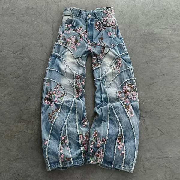 Floral Embroidered Patchwork Baggy Jeans