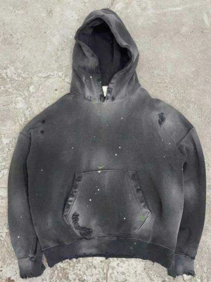 Grey Washed Distressed Pullover Hoodie
