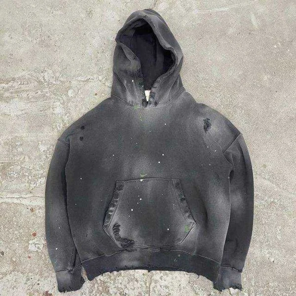 Grey Washed Distressed Pullover Hoodie