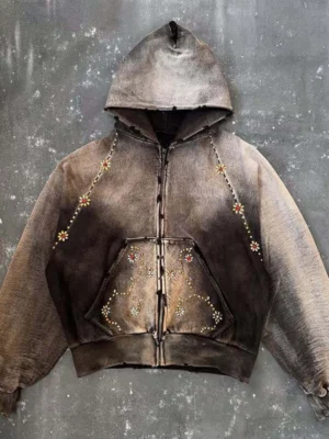 Washed Embellished Cropped Zip Hoodie Washed Embellished Cropped Zip Hoodie