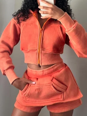 Cropped Zip-Up Skort Tracksuit Set