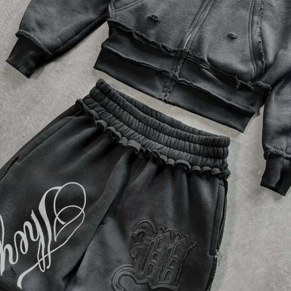 Distressed Cropped Zip Hoodie Set