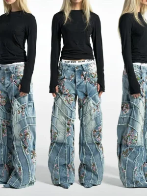 Floral Embroidered Patchwork Baggy Jeans Floral Embroidered Patchwork Baggy Jeans