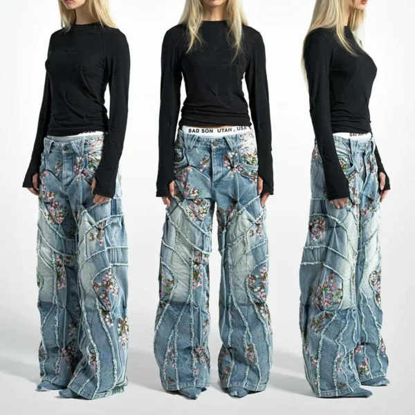 Floral Embroidered Patchwork Baggy Jeans