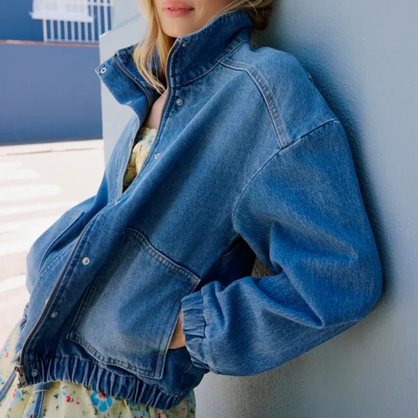 Denim Funnel Neck Bomber Jacket Denim Funnel Neck Bomber Jacket