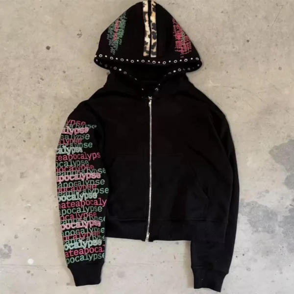 Black Apocalypse Print Zip-Up Hoodie