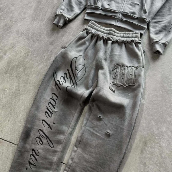 Distressed Cropped Zip Hoodie Set