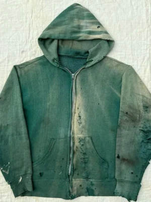 Green Sun-Faded Distressed Zip Hoodie
