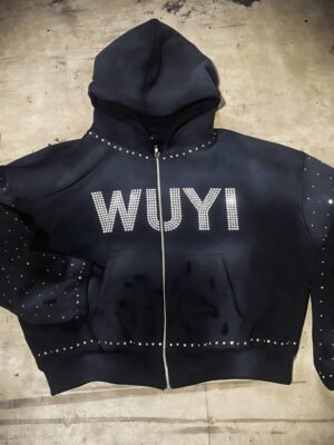 Black Rhinestone WUYI Zip-Up Hoodie
