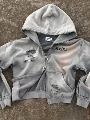 Distressed Frayed Cropped Zip Hoodie