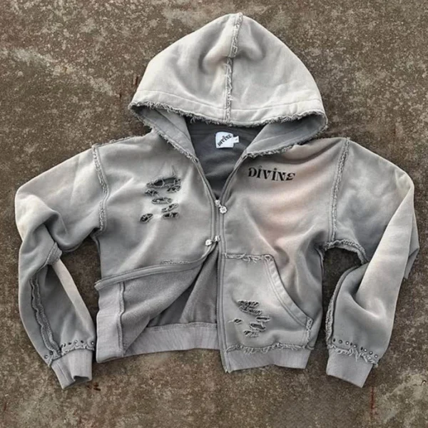 Distressed Frayed Cropped Zip Hoodie