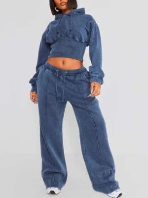 Washed Cropped Hoodie Wide Leg Tracksuit Set