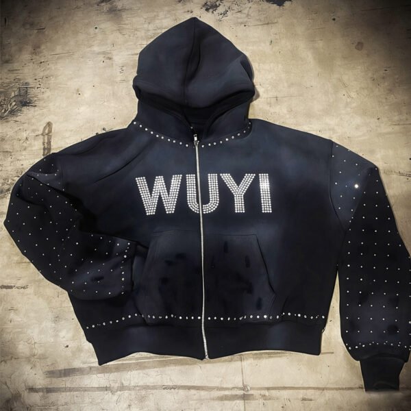 Black Rhinestone WUYI Zip-Up Hoodie