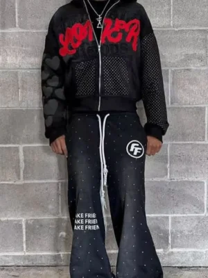 Rhinestone Flare Pants Zip Hoodie Set Rhinestone Flare Pants Zip Hoodie Set