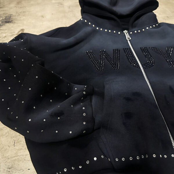 Black Rhinestone WUYI Zip-Up Hoodie
