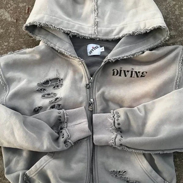 Distressed Frayed Cropped Zip Hoodie