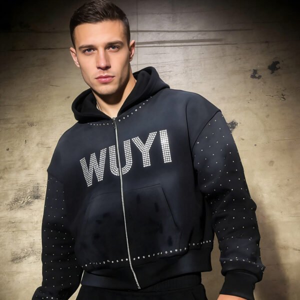 Black Rhinestone WUYI Zip-Up Hoodie