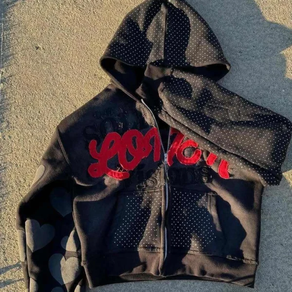 Rhinestone Flare Pants Zip Hoodie Set