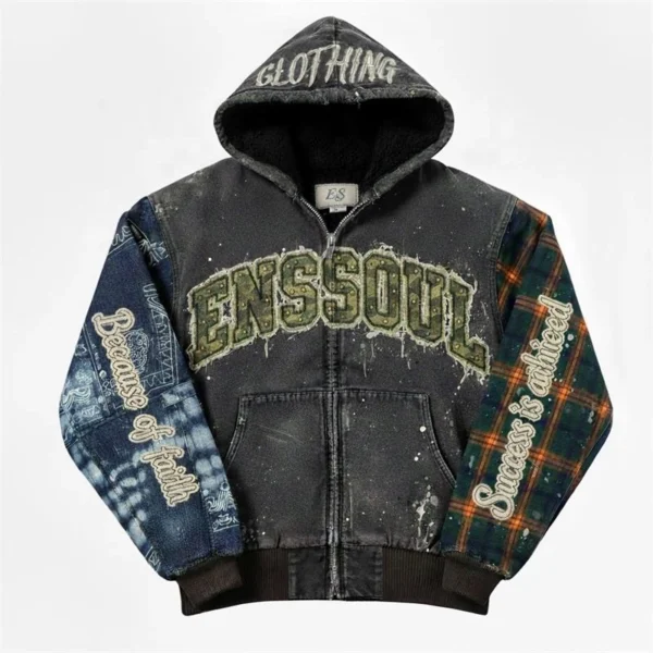 Washed Patchwork Hooded Varsity Jacket
