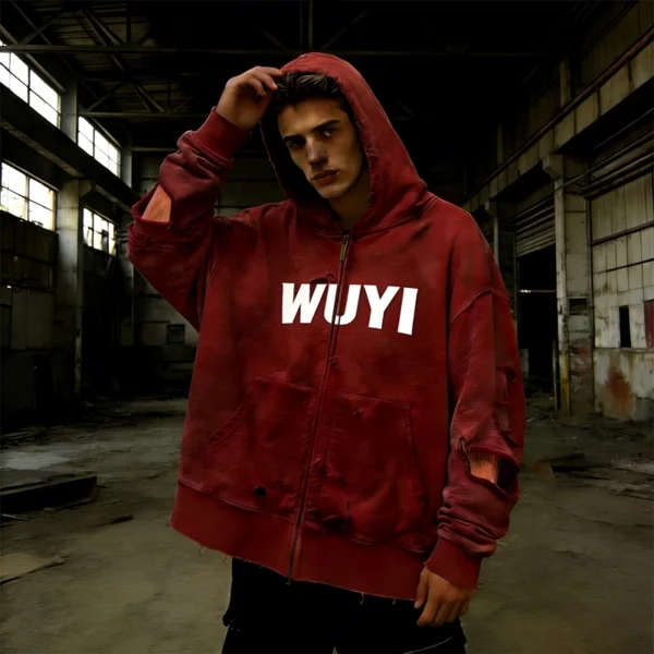 Distressed Washed Zip-Up Hoodie Distressed Washed Zip-Up Hoodie