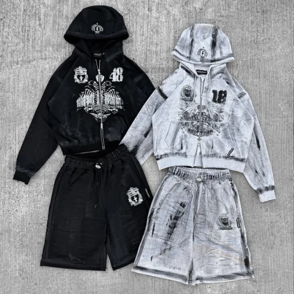 Washed Zip Hoodie Shorts Two Piece Set