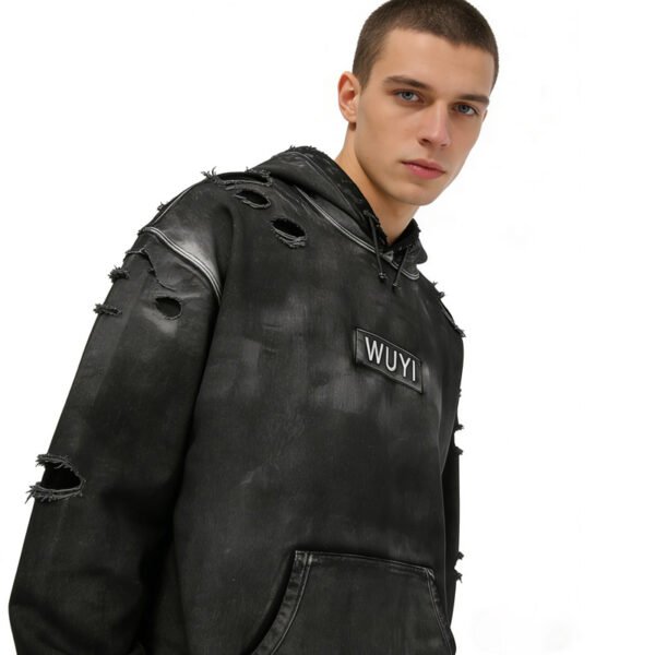 Distressed Black WUYI Pullover Hoodie