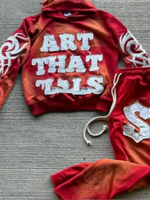 Red Gradient Tribal Patch Tracksuit Set