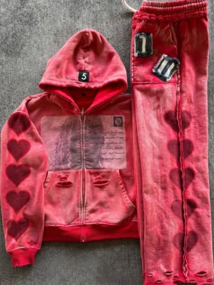 Heart Distressed Washed Zip Hoodie Set Heart Distressed Washed Zip Hoodie Set