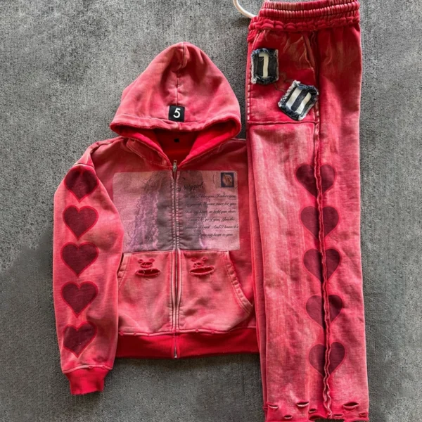 Heart Distressed Washed Zip Hoodie Set Heart Distressed Washed Zip Hoodie Set