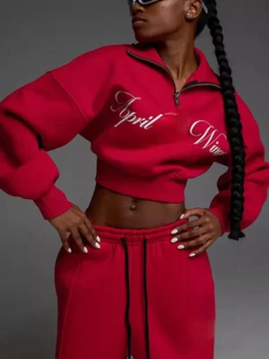 Half-Zip Cropped Wide Leg Tracksuit Set
