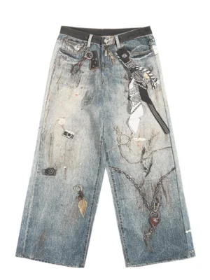 Distressed Patch Wide Leg Jeans