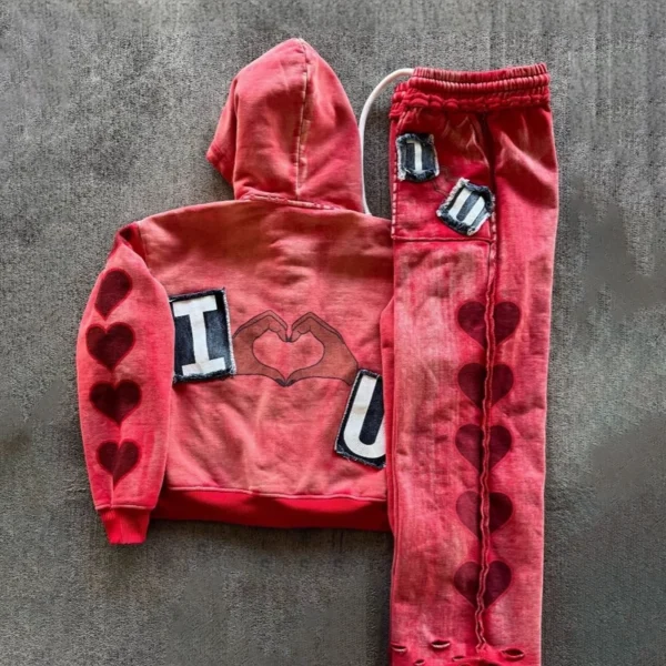 Heart Distressed Washed Zip Hoodie Set Heart Distressed Washed Zip Hoodie Set