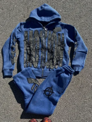 Blue Motion Flame Patch Streetwear Tracksuit Set