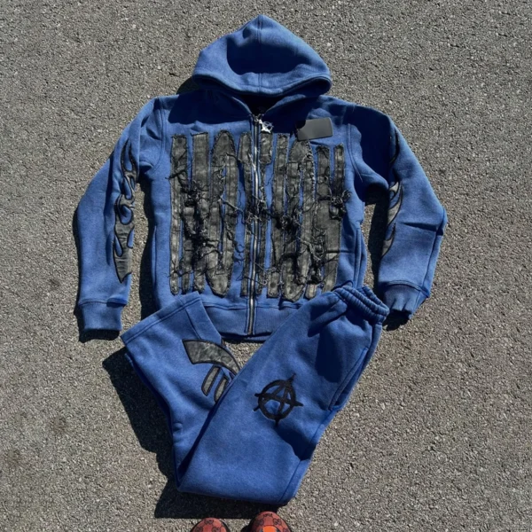 Blue Motion Flame Patch Streetwear Tracksuit Set