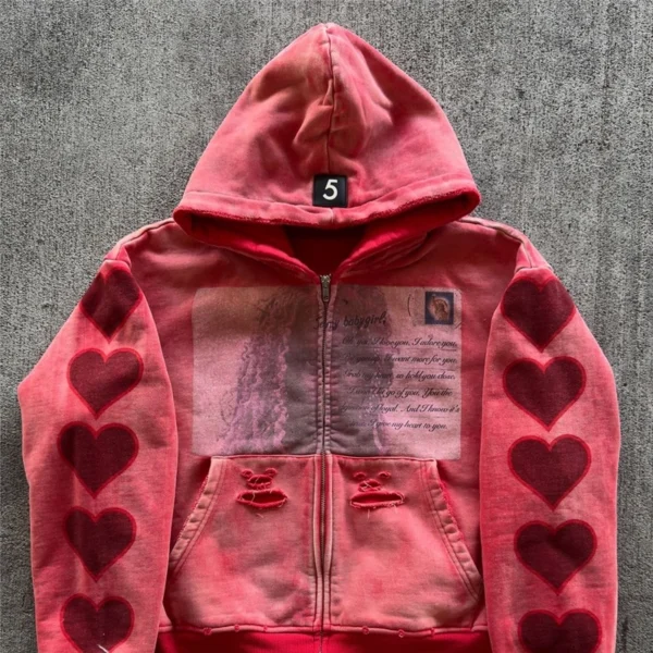 Heart Distressed Washed Zip Hoodie Set Heart Distressed Washed Zip Hoodie Set