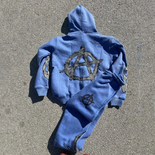 Blue Motion Flame Patch Streetwear Tracksuit Set