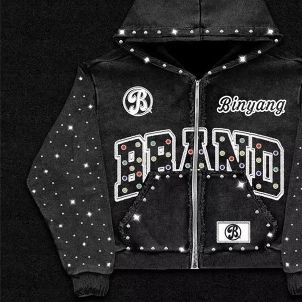 Rhinestone Studded Cropped Zip Hoodie Rhinestone Studded Cropped Zip Hoodie