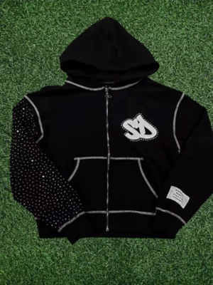 Black Rhinestone Sleeve Zip-Up Hoodie