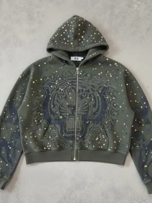 Olive Studded Cropped Zip Hoodie Olive Studded Cropped Zip Hoodie