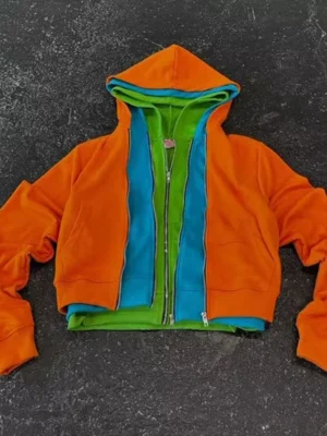 Colorblock Layered Cropped Zip Hoodie