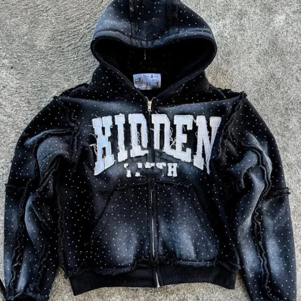 Distressed Washed Zip Hooded Sweatshirt