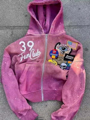 Pink Washed Patch Cropped Zip Hoodie