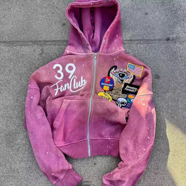 Pink Washed Patch Cropped Zip Hoodie Pink Washed Patch Cropped Zip Hoodie