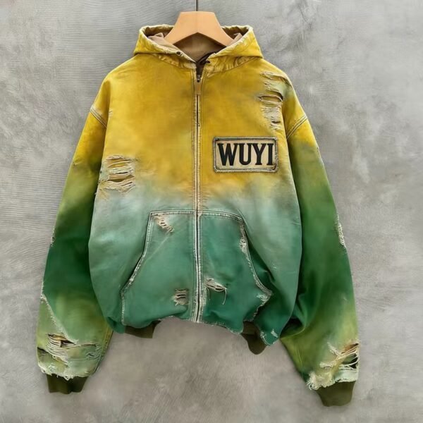 Distressed WUYI Gradient Zip Hoodie