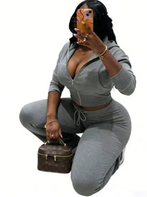 Cropped Zip-Up Hoodie and Pants Two Piece Set