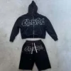 Rhinestone Studded Zip Hoodie Shorts Set
