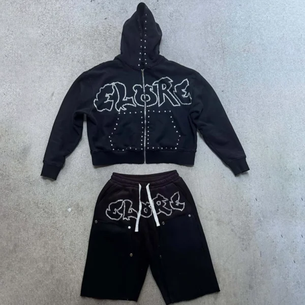 Rhinestone Studded Zip Hoodie Shorts Set