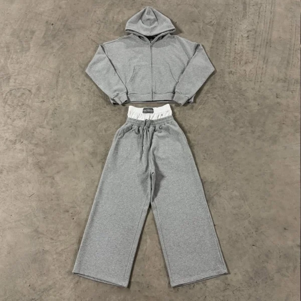 Grey Cropped Hoodie Wide Leg Tracksuit Set